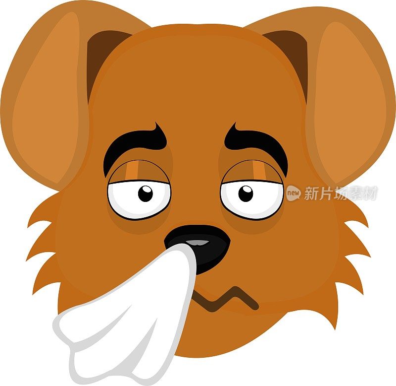 Vector emoticon插图卡通的狗的头与一个表情的疲惫，一个寒冷和吹他的鼻子与纸巾